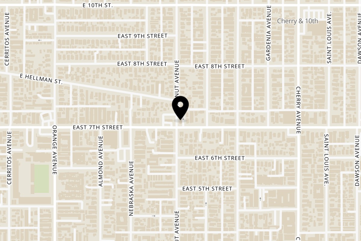 Map showing the location of Teriyaki J's Long Beach on 1601 E 7th St in Long Beach
