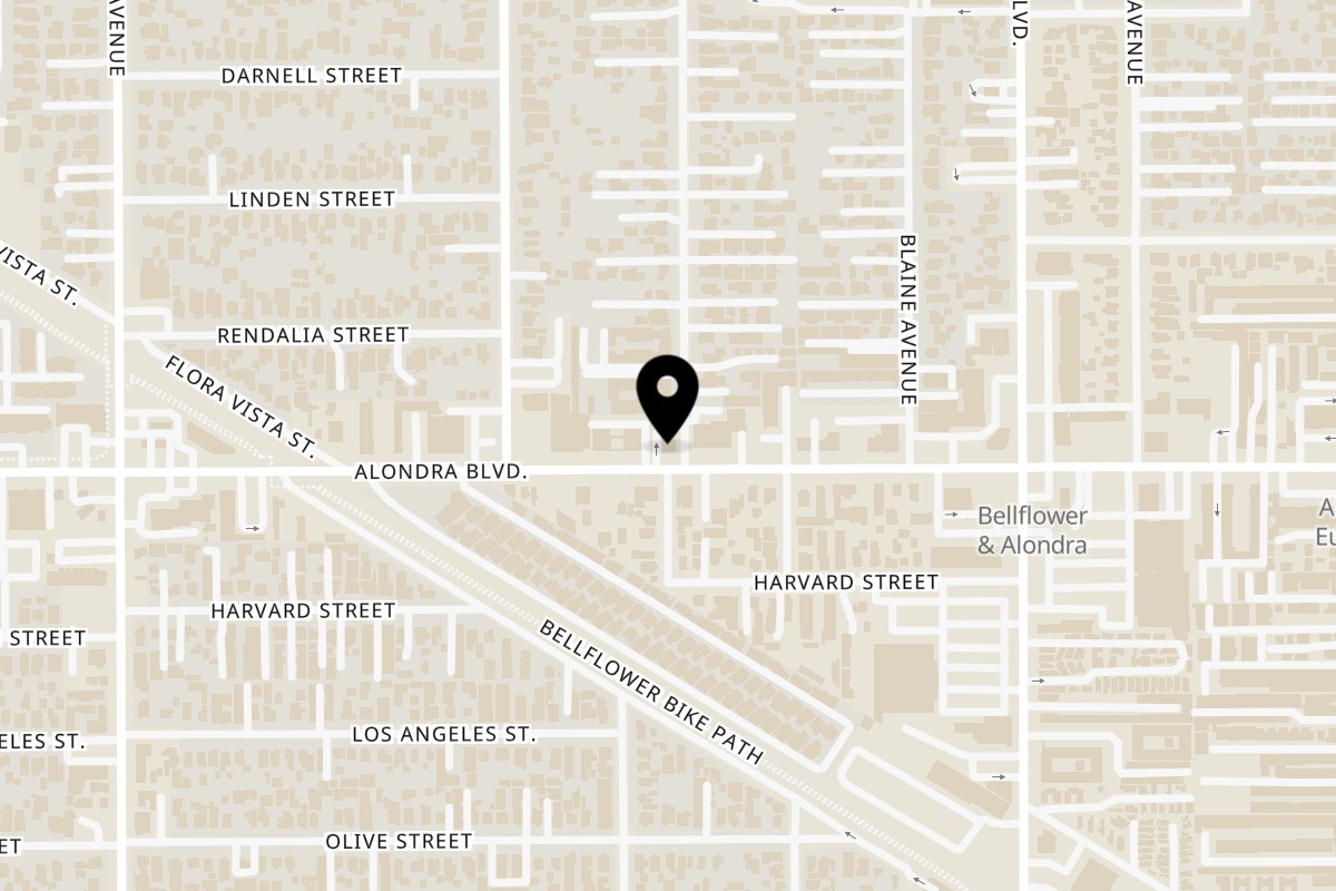Map showing the location of Teriyaki J's Bellflower on 9645 Alondra Blvd in Bellflower