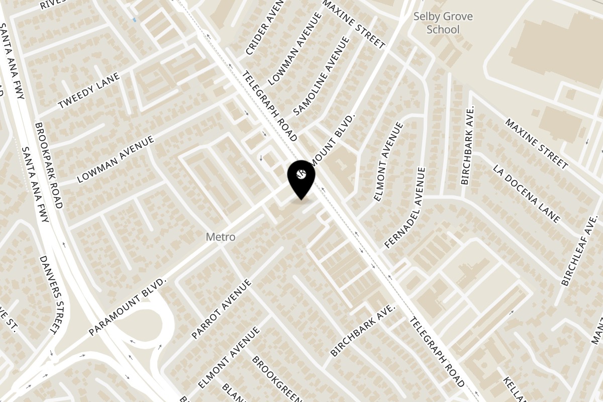 Map showing the location of Teriyaki J's Downey on 8504 Paramount Blvd in Downey